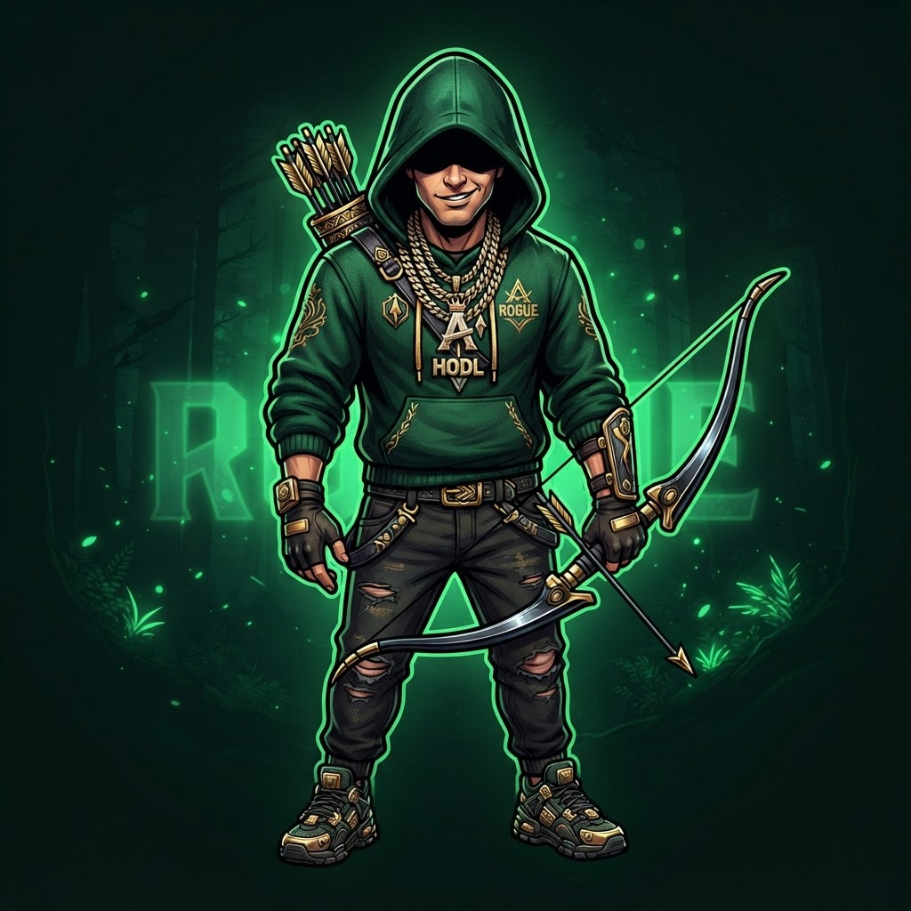 HOODROBIN mascot: a hooded archer outlaw draped in gold chains holding a bow
